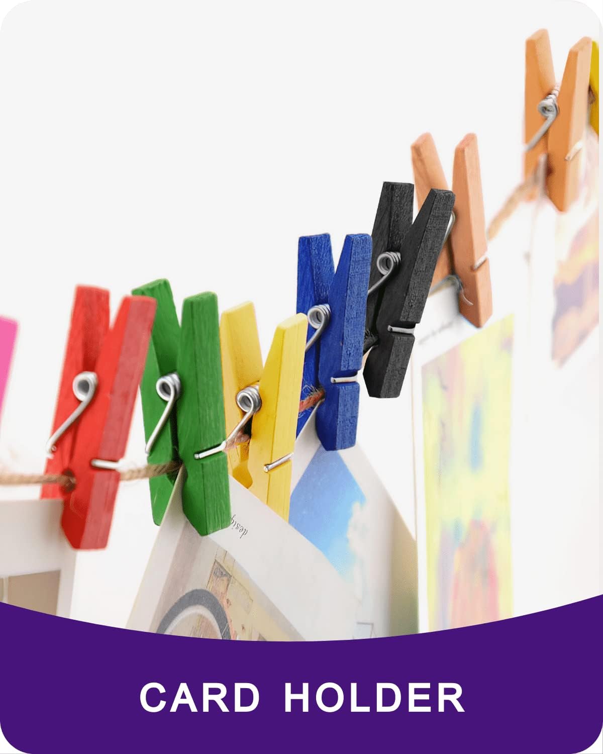 Mini alfileres para fotos, pinzas de color morado, paquete de 100 clips de madera arcoíris coloridos con cuerda de 32 pies para manualidades, baby