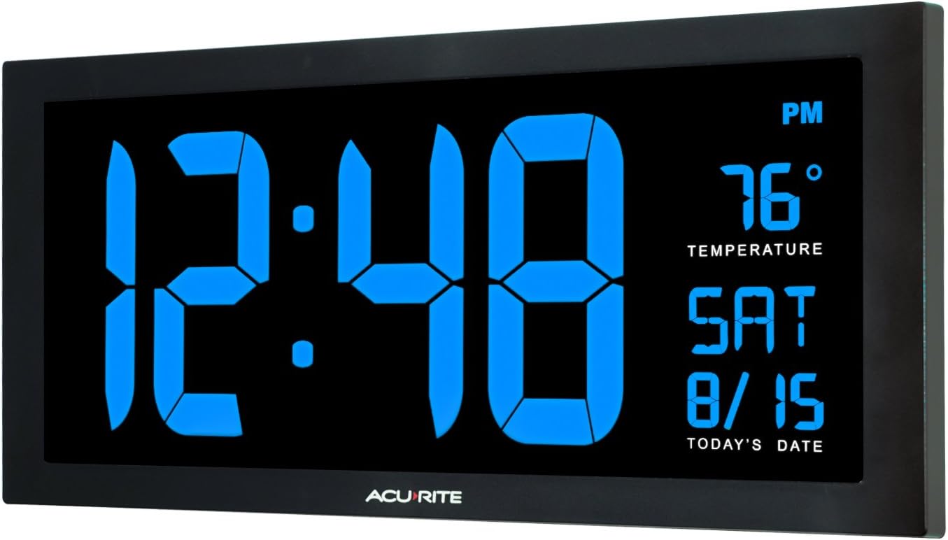 AcuRite 76100M Reloj LED de gran tamaño con temperatura interior, fecha y soporte plegable de 18 pulgadas, color azul