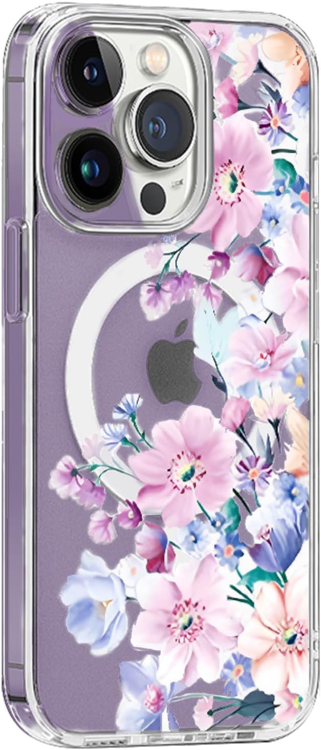 Funda Magsafe para iPhone 13 Pro Max, diseño floral lindo delgado a prueba de golpes protector duro PC+TPU parachoques flor mujeres cubierta