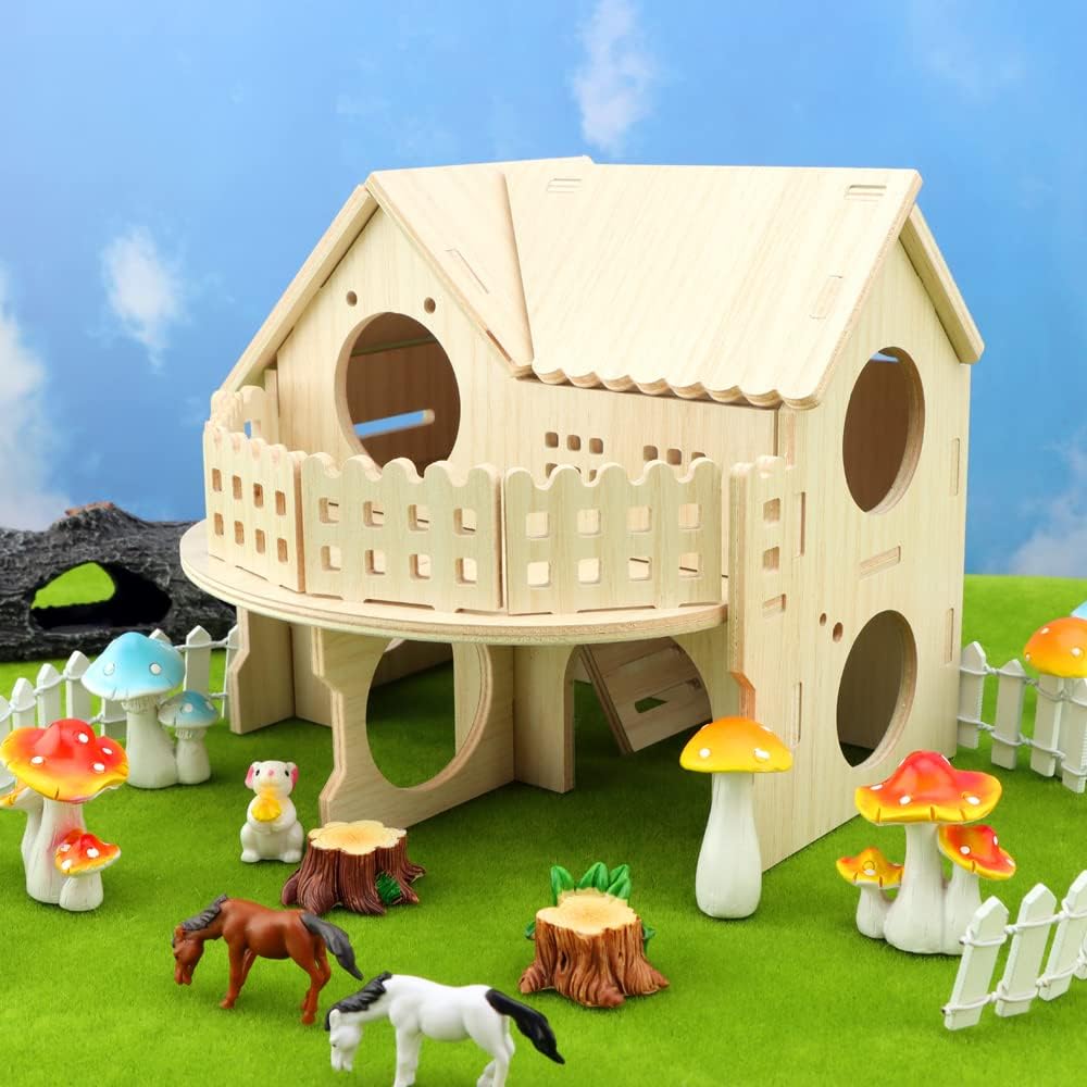 Hámster Forest Lookout Wood House Fun House – Cabaña de dos pisos para jóvenes enanos, jerbos, ratones, ratones, ratas, animales pequeños (solo para