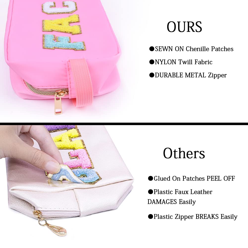 Bolsa de cosméticos de nailon con parche de letras universitarias de chenilla, organizador de bolsas de viaje para el cuidado de la piel para