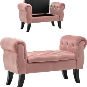 Setawix Banco de cama con brazos enrollados con almacenamiento acolchado de terciopelo para dormitorio, banco otomano para dormitorio, banco de Setawix Banco de cama con brazos enrollados con almacenamiento acolchado de terciopelo para dormitorio, banco otomano para dormitorio, banco de