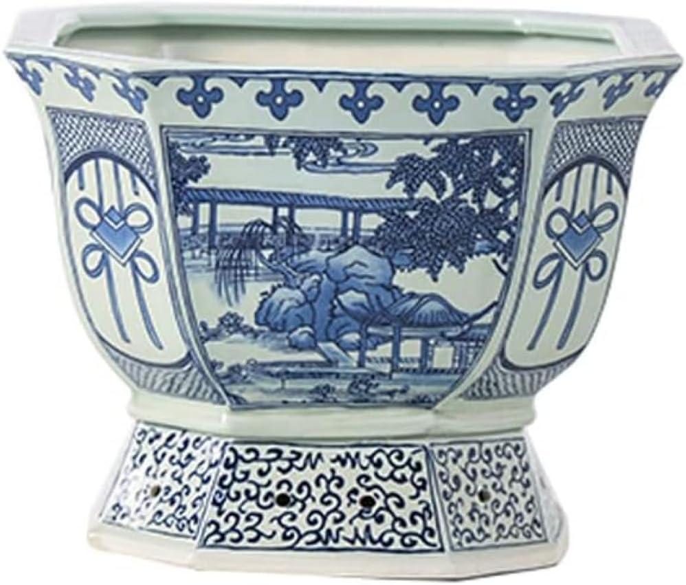 Macetero hexagonal azul y blanco de porcelana Chinoiserie Jingdezhen Jardín para el hogar Jardinera dibujada a mano Patrón de orquídea maceta con