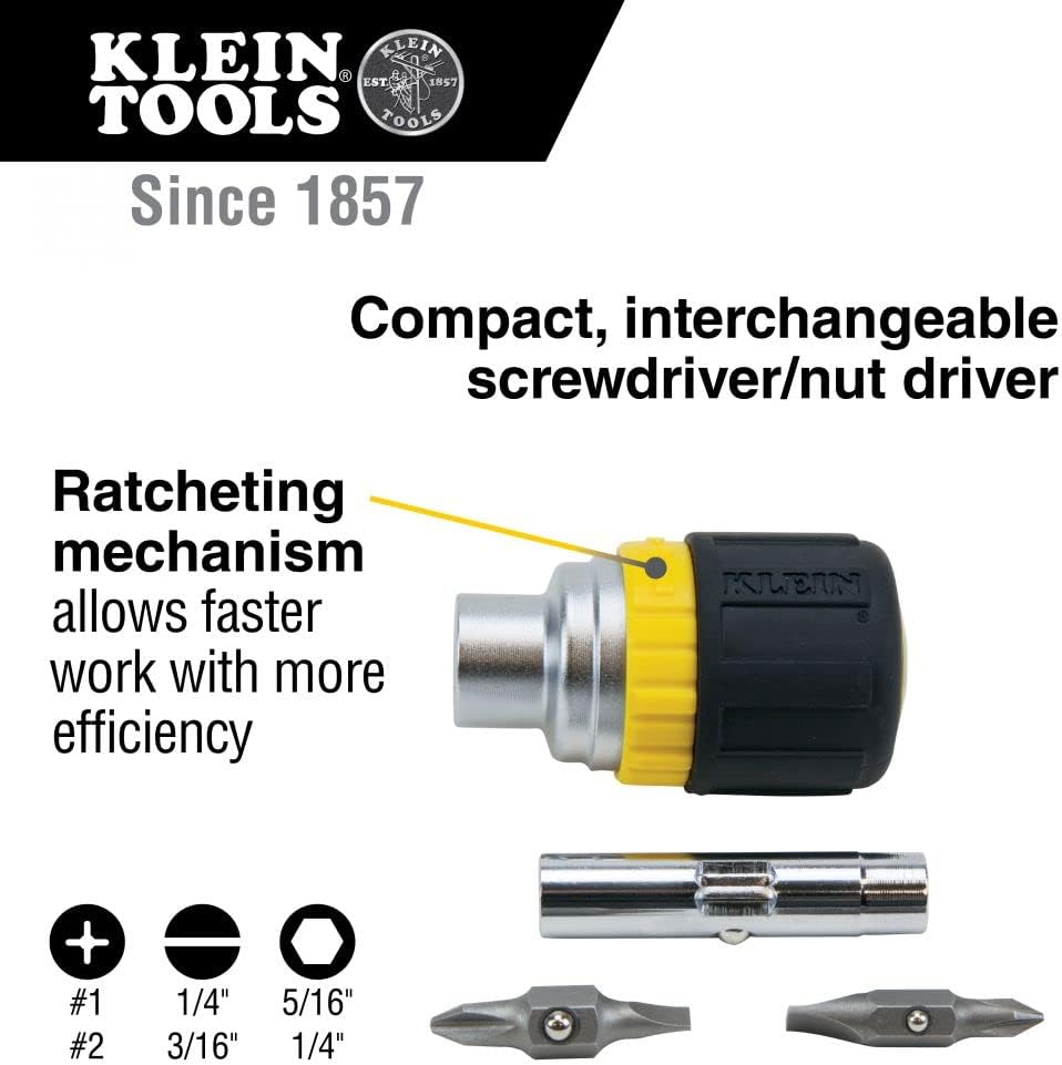Klein Tool 32593 Desarmador corto de trinquete 6 en 1