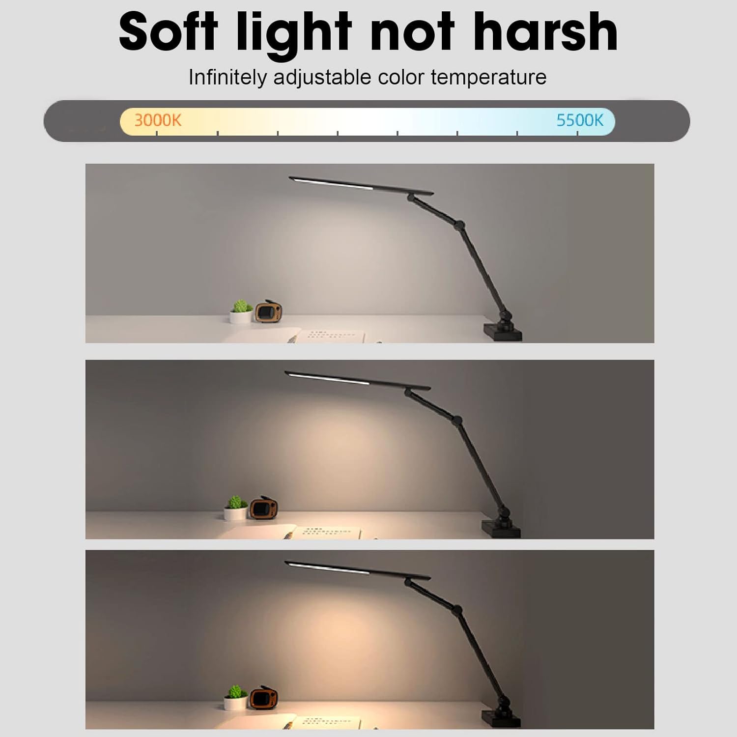 Gavigain Lámpara de mesa, lámpara de escritorio para oficina en casa con abrazadera, luces flexibles para libros, fácil de leer, cabecera recargable
