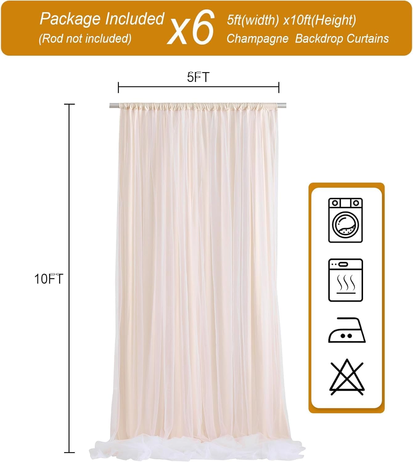 Paneles de cortina de tul champán de 30 x 10 pies, cortinas de tul blanco de doble capa, cortinas de tul de poliéster sin arrugas para bodas,
