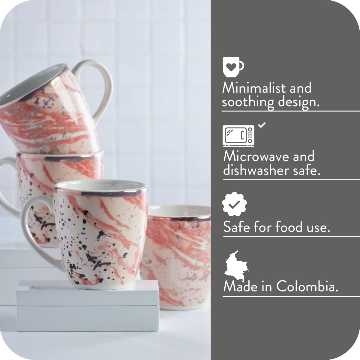 Juego de 4 tazas Corona  Perfecto para los amantes del café y el té  Amani 12.8 oz – 380cc  Cerámica  Decoración de oro rosa