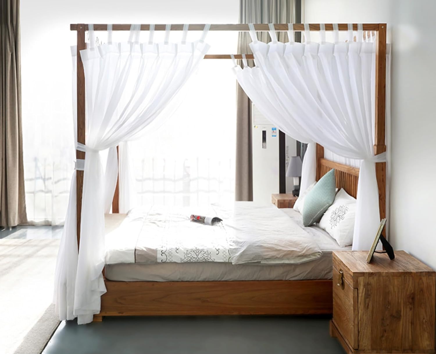 AIKASY Tabla de cama con toldo con parte superior y velcro autoadhesivo, tela de princesa de gasa blanca, crea un ambiente romántico en la