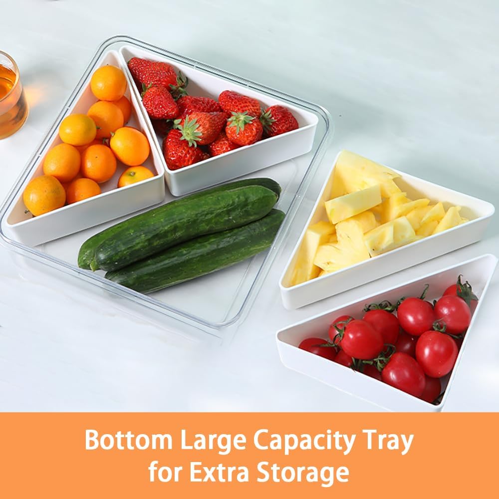 Paquete de 2 bandejas de verduras con tapa para organizador de refrigerador, contenedor dividido para aperitivos con 4 compartimentos para servir