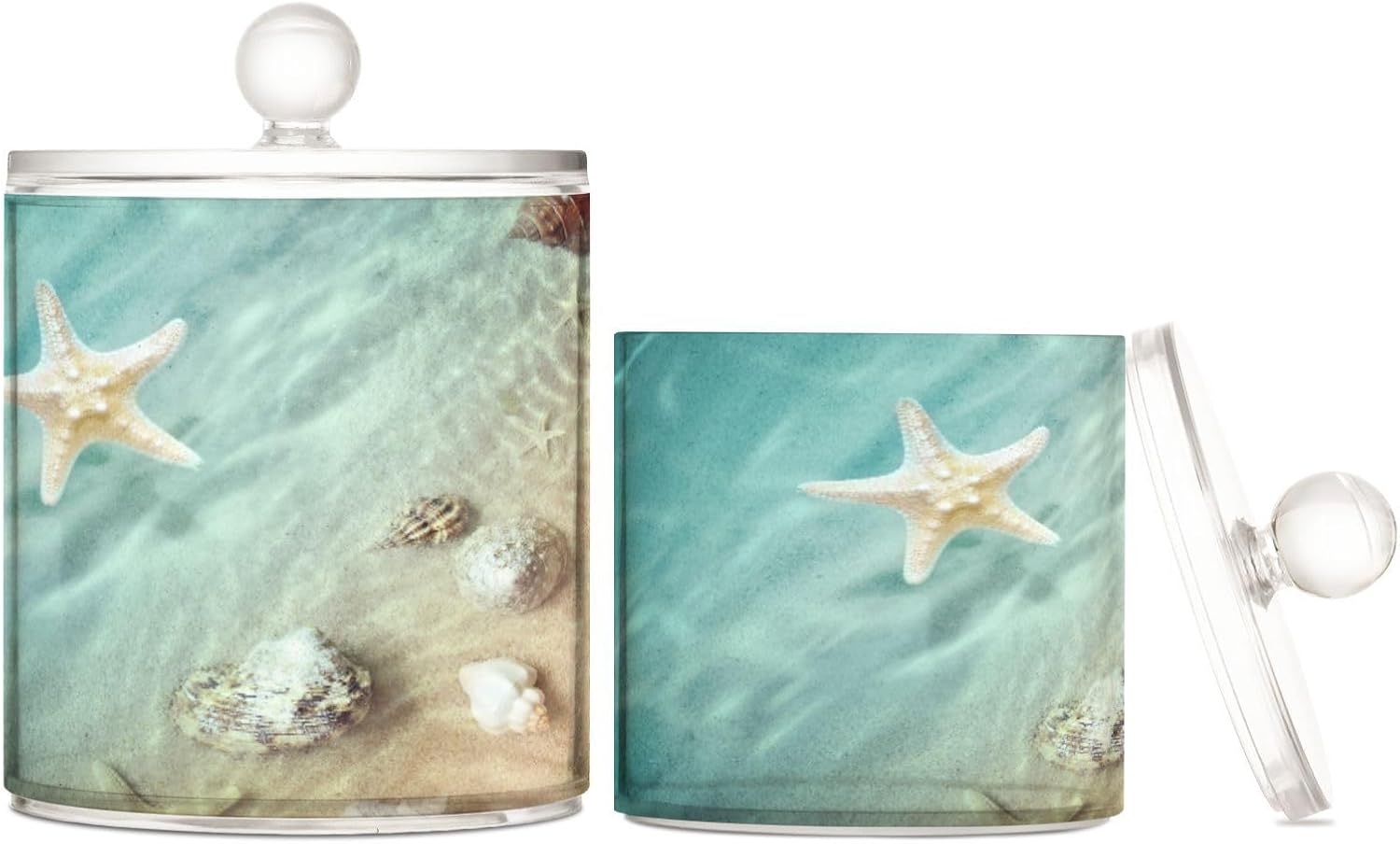 Starfish Summer Beach Qtip – Dispensador de soporte con tapas, juego de 2 recipientes de plástico para almacenamiento de alimentos, recipientes de