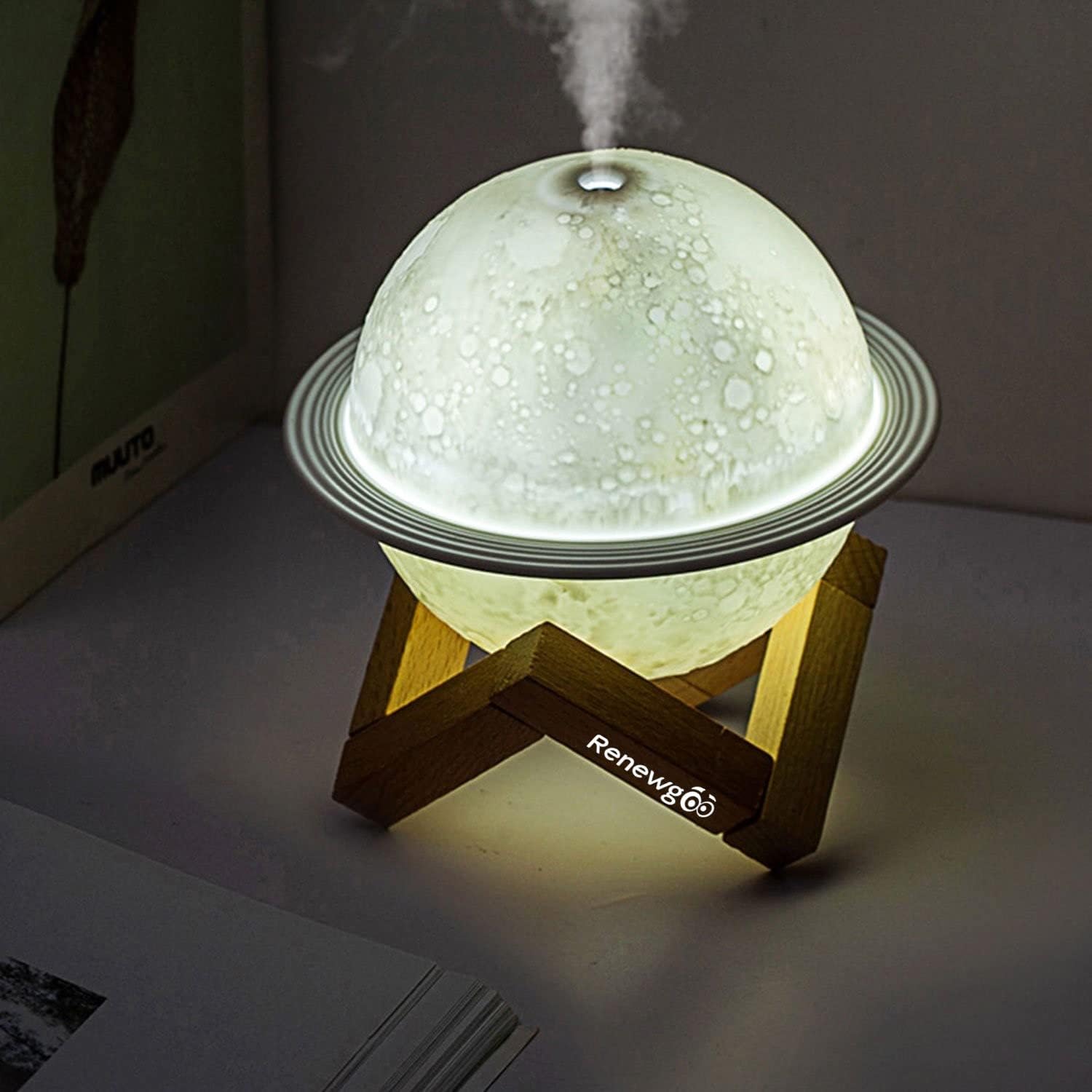 Renewgoo Lámpara de luna Difusor de aroma LED Luz nocturna Planetaria Saturno Anillos USB Mist Humidificador, Planetas, Espacio, Aire Moderno