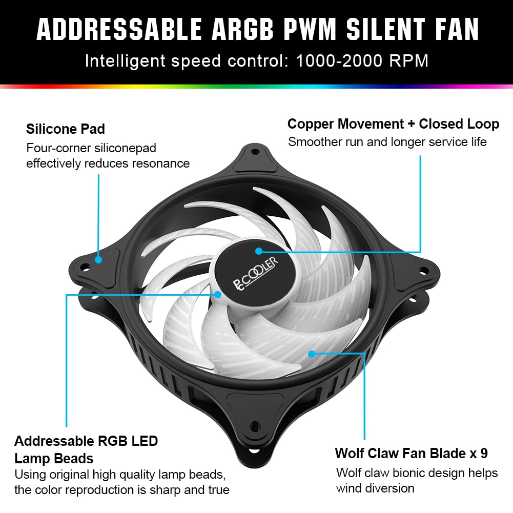 PcCOOLER Ventilador de caja de 4.724 in serie Dawn, ventiladores silenciosos LED RGB – Personalizaciones avanzadas de iluminación con 7 colores y 10