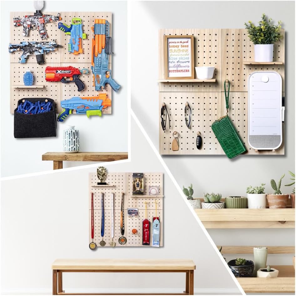 IneVibe Tableros de madera para exhibición de pared, organizador de 4 piezas y soporte para accesorios de manualidades, pistolas Nerf, joyas en