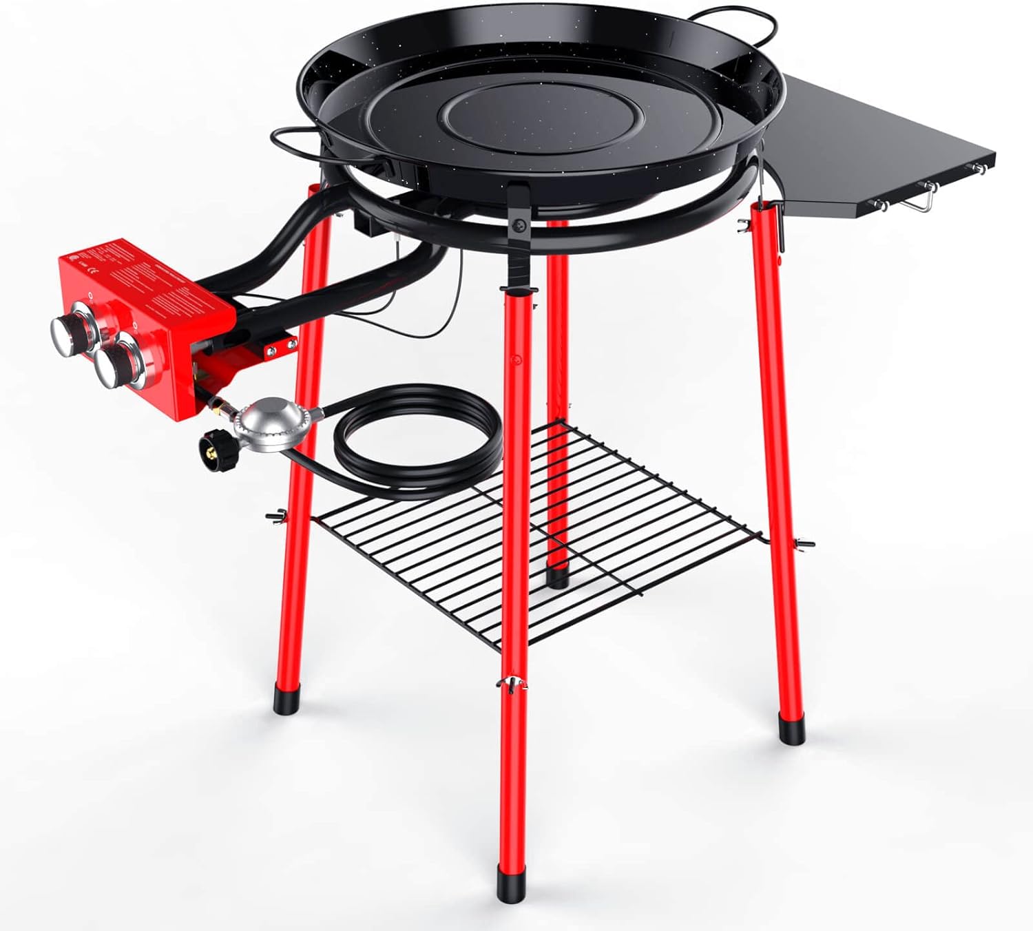 GRISUN Juego de paella con quemador de paella, paella de acero esmaltado de 18 pulgadas con estante lateral, 4 patas reforzadas con estante