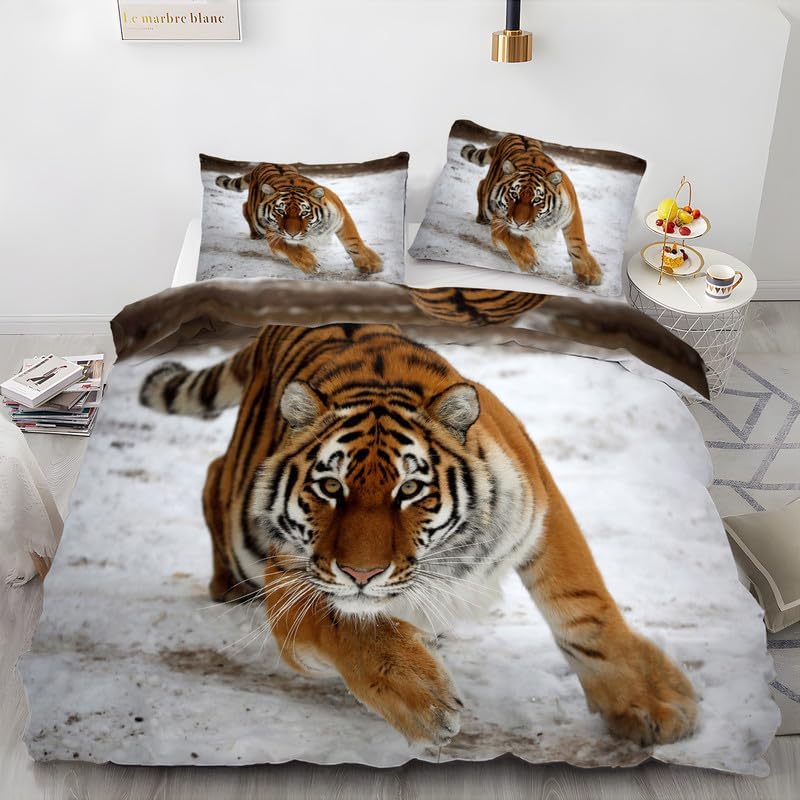 White Tiger Duvet Cover Queen Animal Print Bedding Sets Queen Soft Microfiber Comforter Cover and 2 Pillow Shams 20″X26″, Bed Set Duvet Covers with