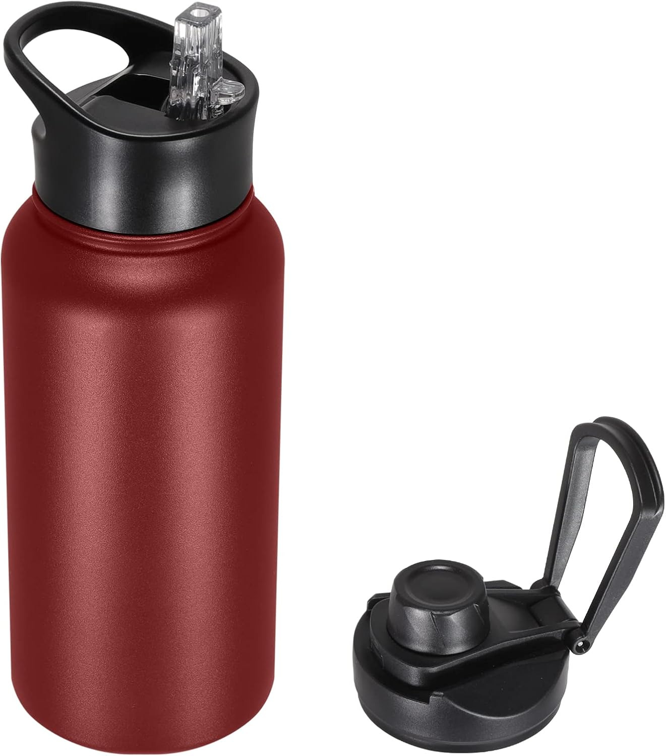 VQRRCKI Botella de agua aislada de 32 onzas con tapa de popote y tapas de boca ancha, botellas de agua deportivas de acero inoxidable, vacío de