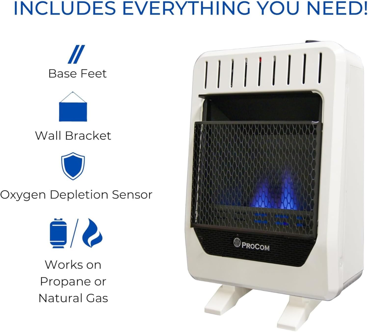 HearthSense Calentador de llama azul sin ventilación de combustible dual con base – 10,000 BTU, control manual – Modelo # BF10M-B