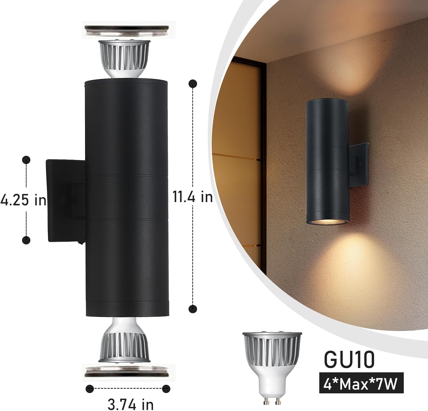 DUJAHMLAND Apliques de pared para exteriores, luces de pared exterior arriba y abajo, lámpara de pared moderna de aluminio negro mate, accesorios de