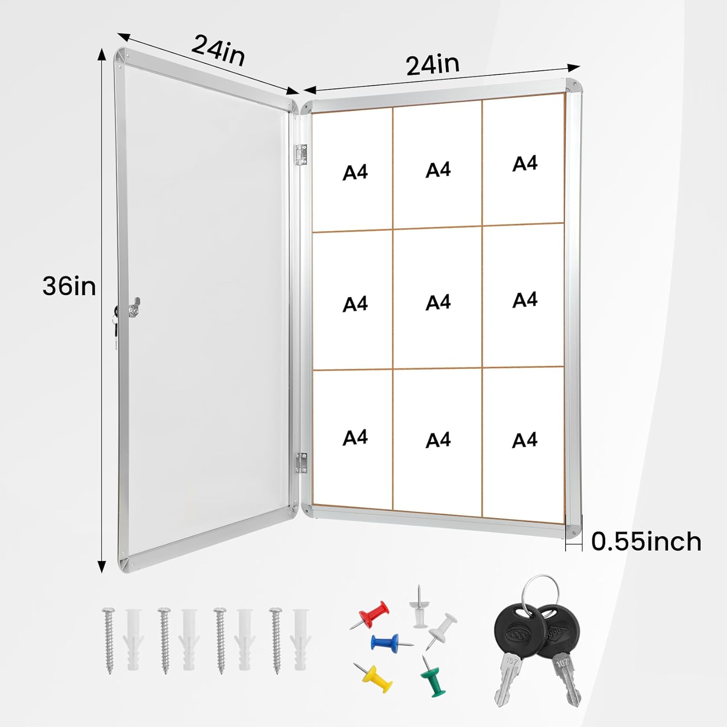 Tablero de anuncios de corcho cerrado grueso de 36 x 24 pulgadas (9 x A4), marco de aluminio, tablero de anuncios con cerradura resistente a los