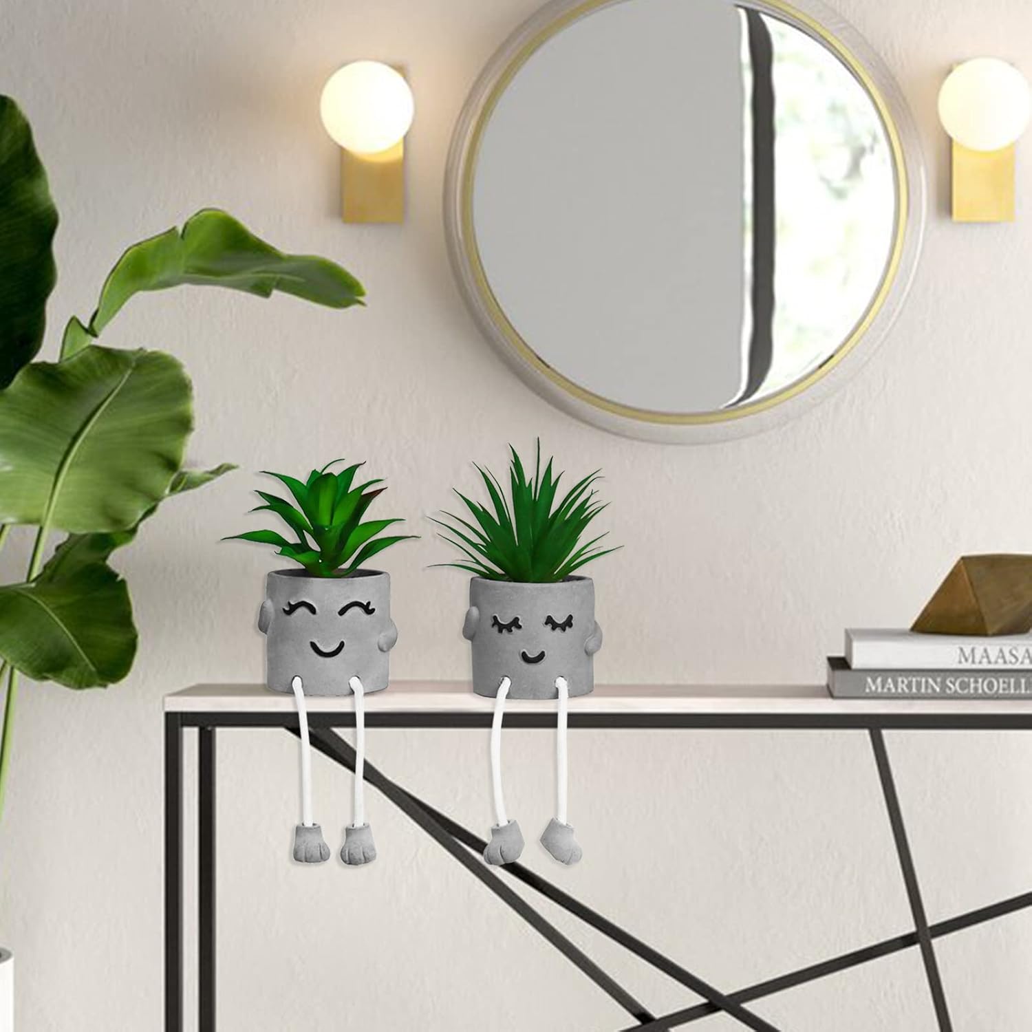 Zerzsy Suculentas falsas en macetas de cemento con pata colgante, mini plantas falsas en maceta para decoración de escritorio, decoración de estante