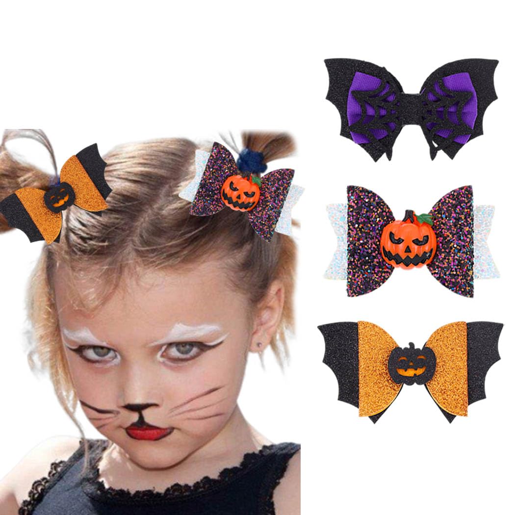 Pinzas para el cabello de Halloween, pasadores para el pelo de calabaza, alas de murciélago, pinzas para el pelo de caricaturas con purpurina, lazos