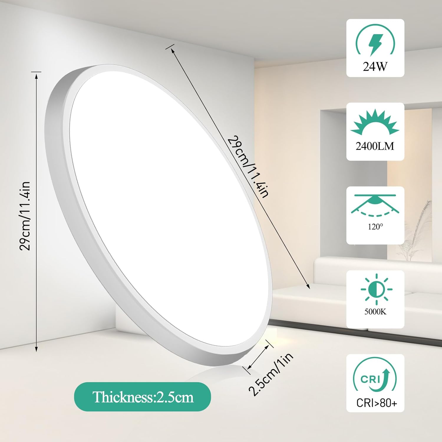 Lámpara de techo LED de montaje empotrado de 12 pulgadas, lámpara de techo de 24 W, luz blanca diurna de 5000 K, 2400 lúmenes, moderna lámpara