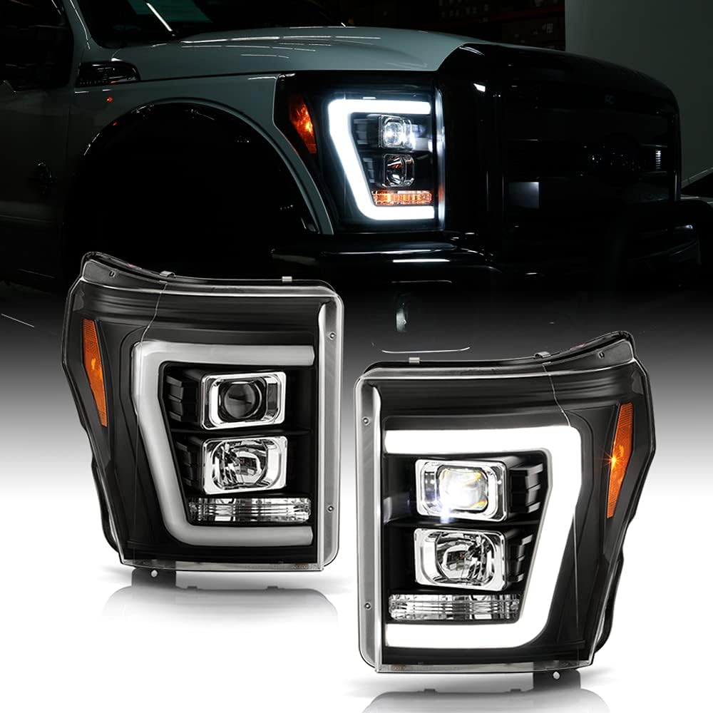 ACANII – Para Ford F250 F350 SuperDuty 2011-2016 Tubo LED negro con proyector LED integrado Faros delanteros izquierdo+derecho