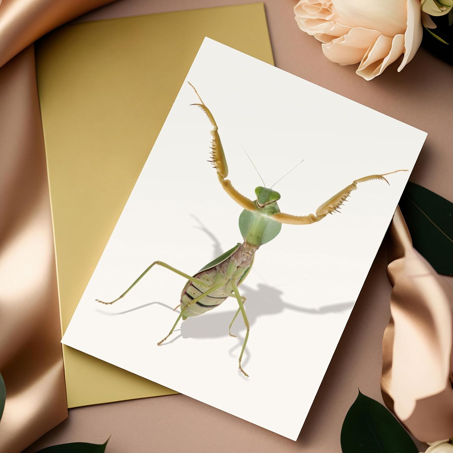 Divertida tarjeta de felicitación de mantis rezando, tarjeta de cumpleaños con arte de Mantis con cable, tarjeta de insectos para niños, amigos,