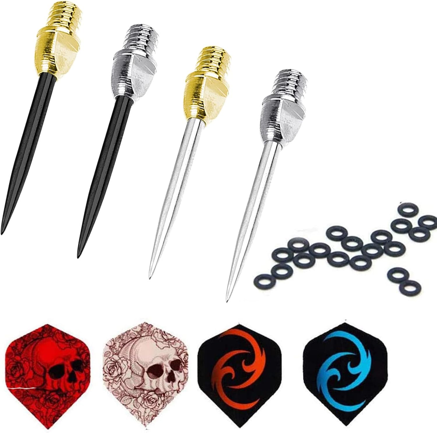4 puntas de dardos de acero de estilo, 12 piezas, 12 vuelos de dardos y 20 arandelas de anillos de dardo  Puntas de acero de repuesto de 2ba para