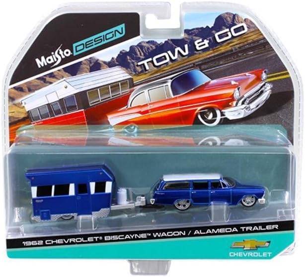 Maisto Nueva colección Tow & GO 164  Azul 1962 Chevrolet Biscayne Wagon  Blue Alameda Trailer modelo de auto fundido a troquel