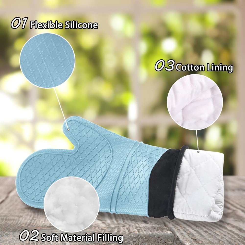 meioro Guantes de horno de silicona, resistentes al calor y antideslizantes, juego de guantes de horno de cocina flexibles con forro acolchado