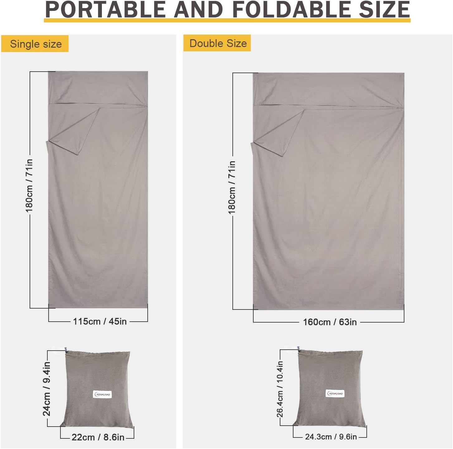 KOMUSMO – Forro para saco de dormir con cremallera, saco de dormir ligero de viaje, portátil, compacto, para campamento, longitud completa y 4