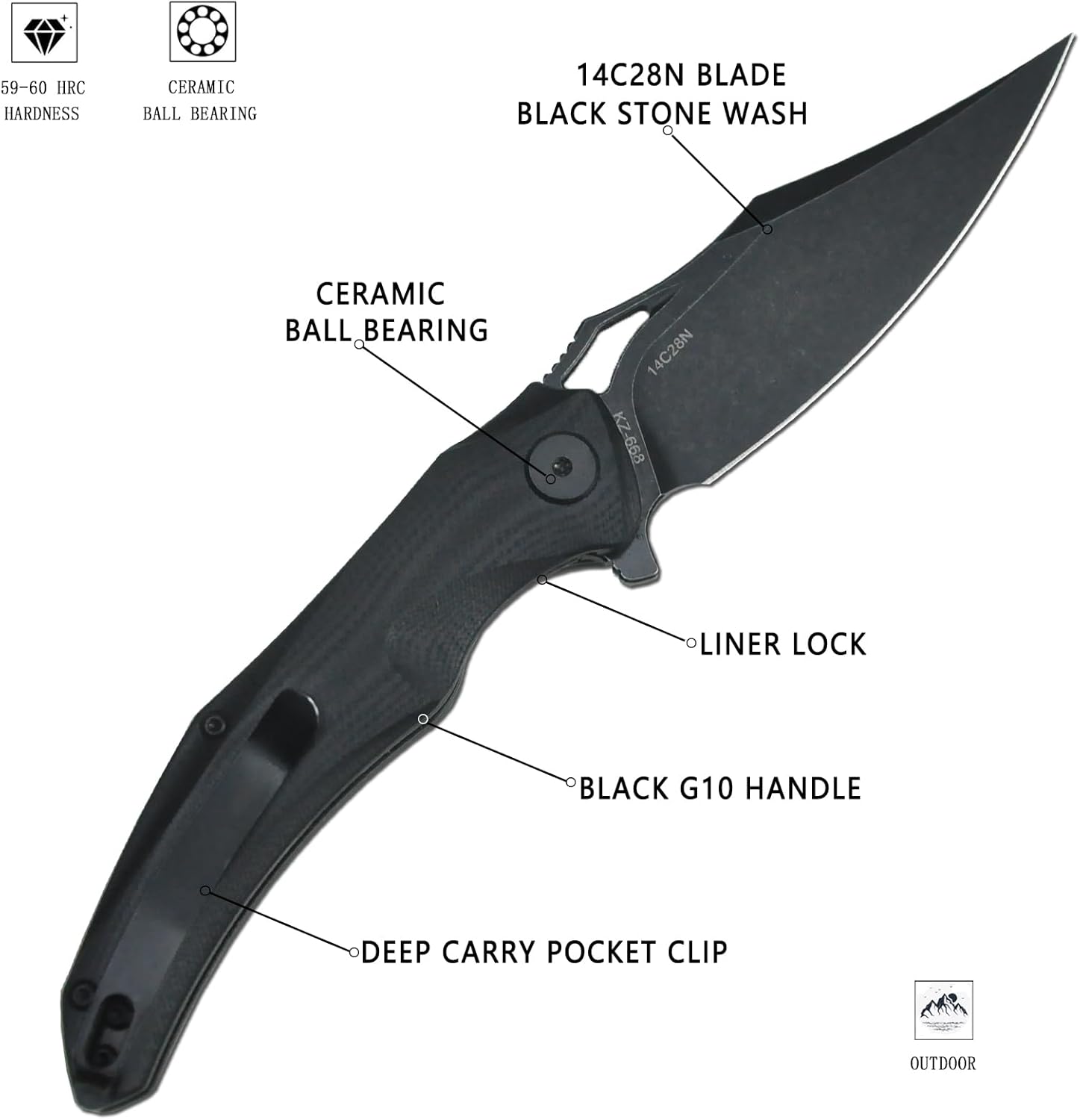 KERZEMAN Cuchillo plegable de bolsillo, 3.81 pulgadas, mango negro lavado a la piedra 14C28N G10, bloqueo de forro, cuchillo utilitario de
