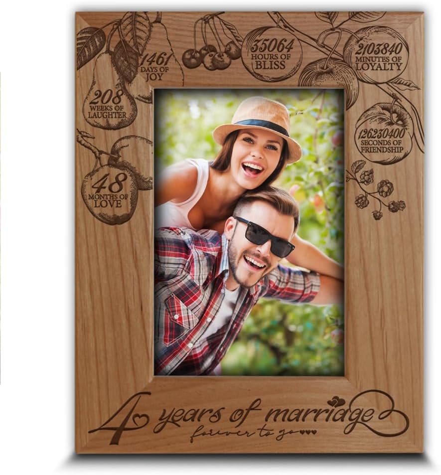 BELLA BUSTA -4 años de matrimonio-Regalo tradicional de frutas para 4 aniversario de boda para esposa, marido, pareja – Marco de fotos de madera