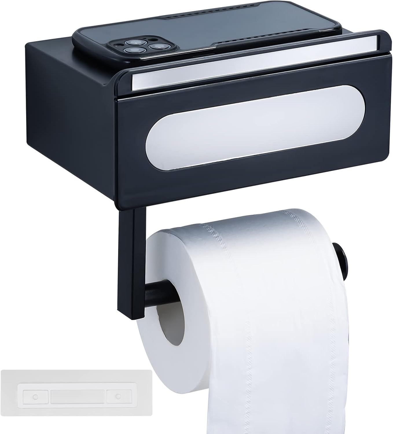 Soporte de papel higiénico autoadhesivo negro mate, material ABS de alta calidad, soporte de papel higiénico de montaje en pared con estante y caja