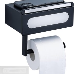 Soporte de papel higiénico autoadhesivo negro mate, material ABS de alta calidad, soporte de papel higiénico de montaje en pared con estante y caja Soporte de papel higiénico autoadhesivo negro mate, material ABS de alta calidad, soporte de papel higiénico de montaje en pared con estante y caja