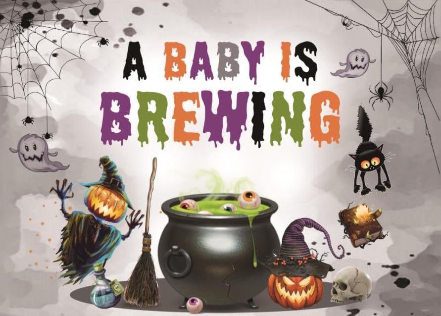 Masxkle Telón de fondo de Halloween para baby shower con texto en inglés “A Baby is Brewing”, pancarta de fiesta temática mágica de calabaza,