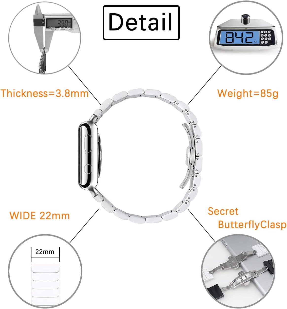 Banda de pulsera de eslabones de cerámica de 0.787 in para Samsung Galaxy Watch 7 FE 6 5 4,4042434445461.850 in, Huawei GT 3 1.654 in (negro)