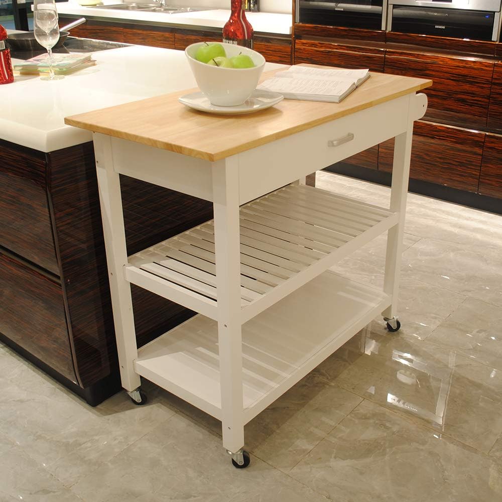 GLANZEND Carrito de isla de cocina, isla de cocina móvil con estante de almacenamiento, cajón, 2 ruedas con cerradura, parte superior de madera de