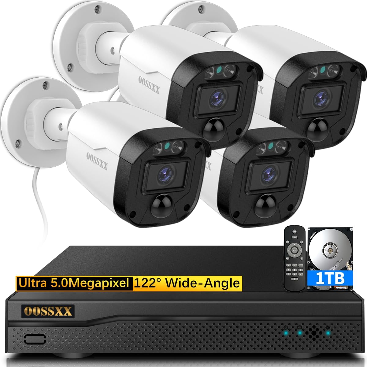 OOSSXX (Definición Full HD 5MP) Sistema de cámara de seguridad con cable Cámaras de videovigilancia para el hogar al aire libre Sistema de seguridad