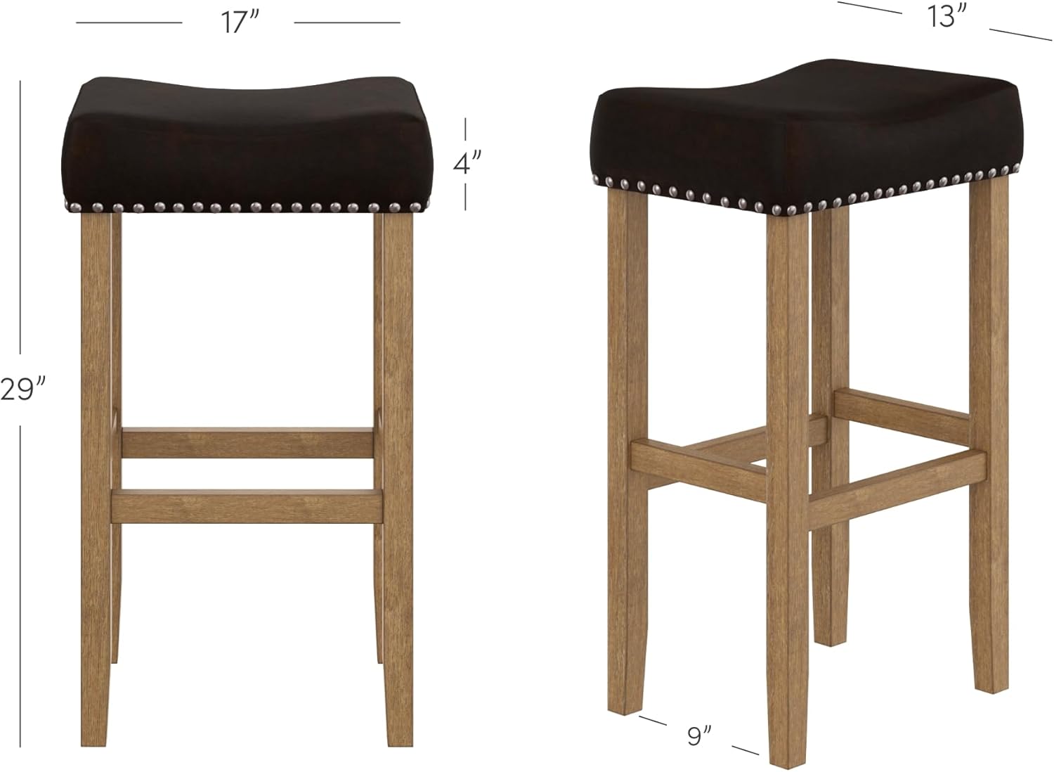 Nathan James Hylie Taburete de bar de madera con tachuelas de tapicería, para cubierta de cocina, altura de pub, 29 pulgadas, marrón oscuromarrón