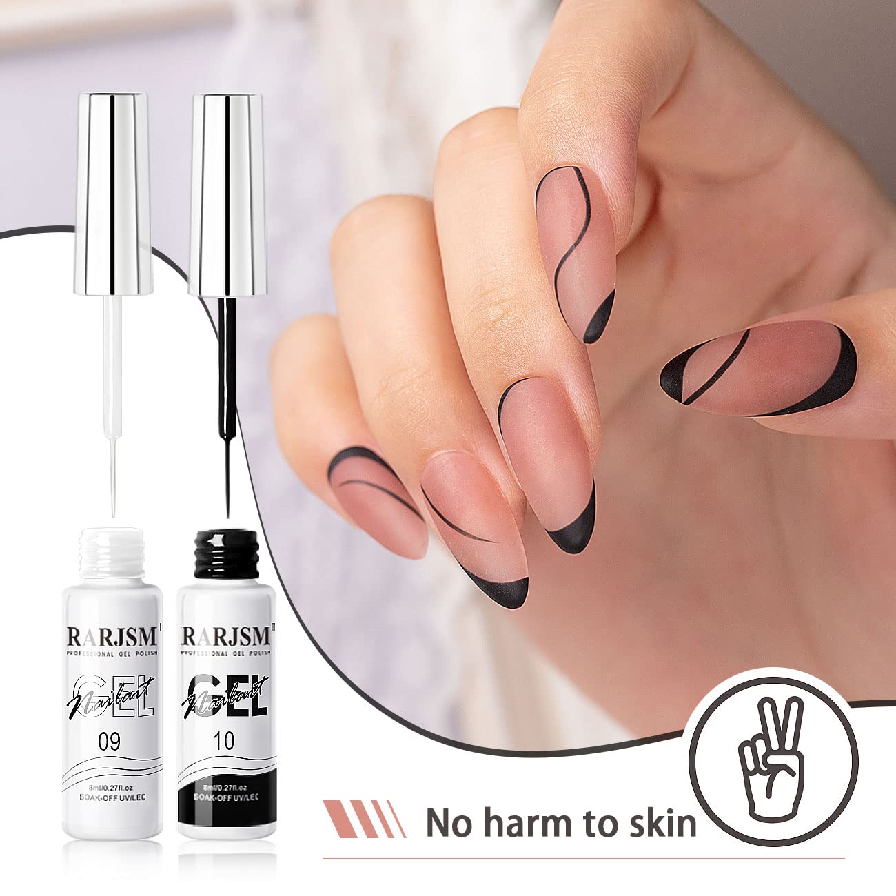 RARJSM Gel de arte de uñas, esmalte de gel delineador, esmalte de uñas de gel pintado negro y blanco, juego de 2 esmaltes de uñas de gel pintados,