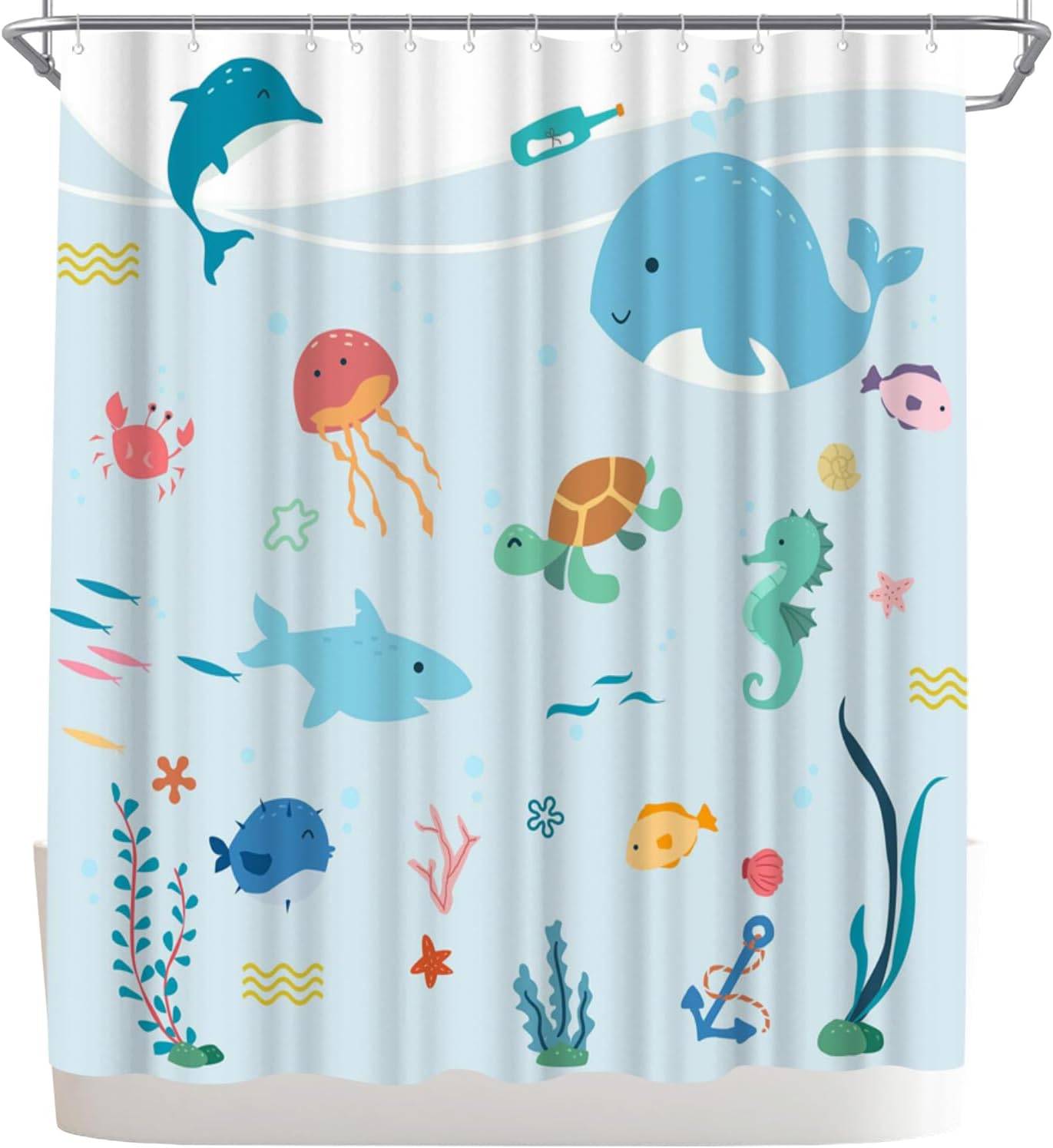 WELMECO Cortina de ducha con diseño de peces, cortina de ducha para niños, decoración de baño de 72 x 72 pulgadas, tela de poliéster (azul claro)