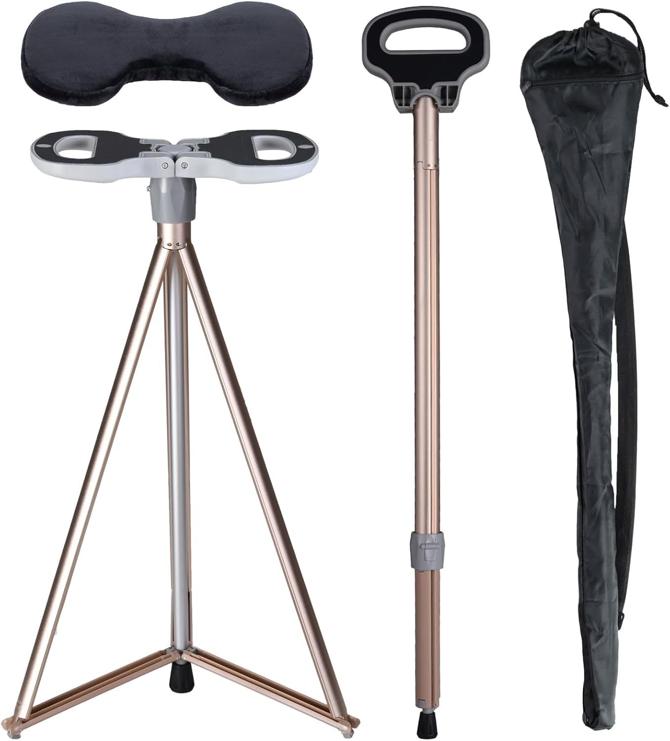 Bastón con asiento, asiento de bastón portátil ajustable, bastón con asiento, taburete plegable con 2 bases de bastón, bolsa de almacenamiento de