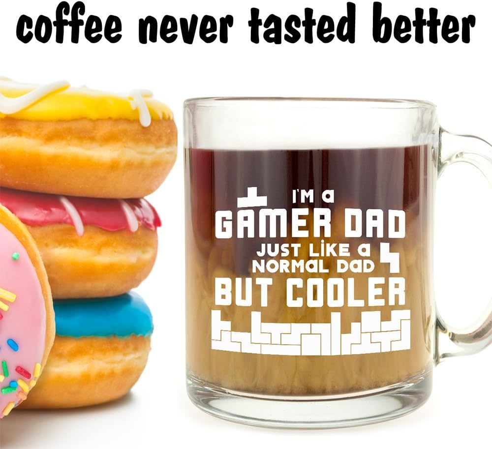 Make Em Laugh Taza de cristal para café y té con texto en inglés “I’m a Gamer Dad, Just Like a Normal Dad But Cooler” (Soy un padre gamer, Just Like