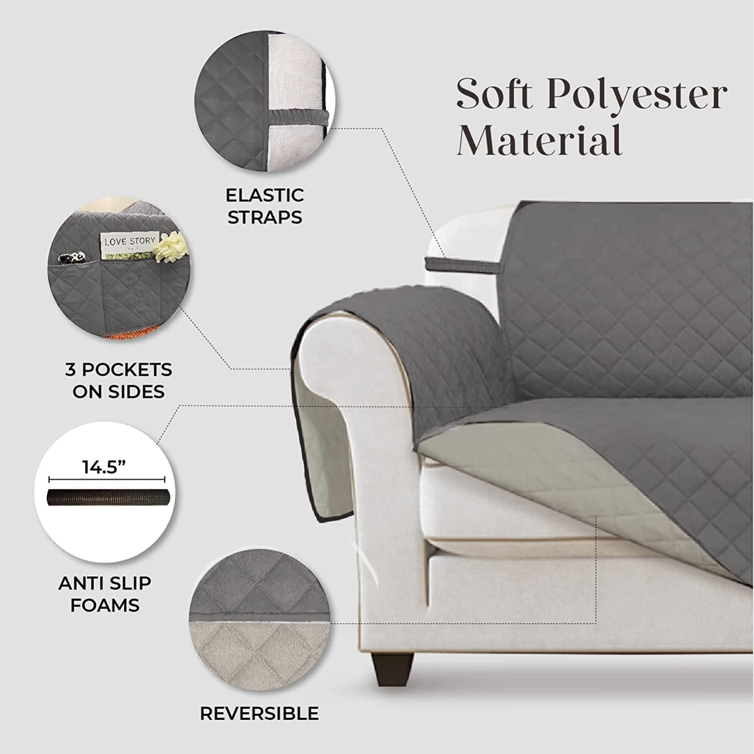 VANELUX Funda de sofá reversible lavable, suave, acolchada, resistente al agua, con espuma antideslizante y correas elásticas protector para