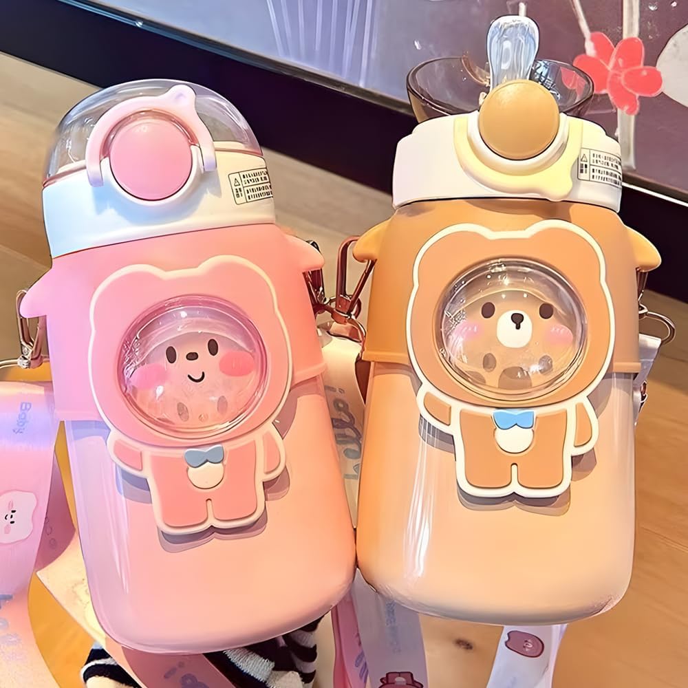 Kawaii Bear – Botella de agua con popote y correa para el hombro, a prueba de fugas, de acero inoxidable al vacío, sin BPA, lindas botellas de agua