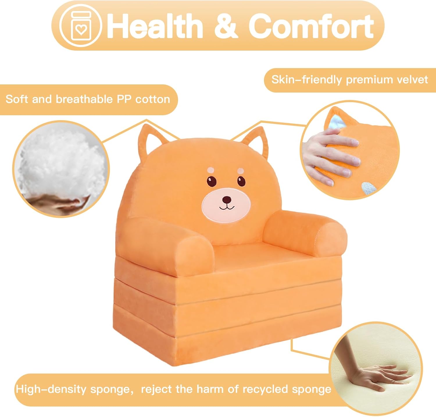 QIUODO Sofá plegable para sala de juegos, sofá abierto de terciopelo 2 en 1 para niños pequeños de 1 a 3 años, cómoda silla infantil para leer y
