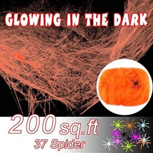 Telas de araña brillantes de Halloween de 8.82 oz para interiores y exteriores, con 37 arañas falsas para decoraciones de Halloween, naranja con Telas de araña brillantes de Halloween de 8.82 oz para interiores y exteriores, con 37 arañas falsas para decoraciones de Halloween, naranja con