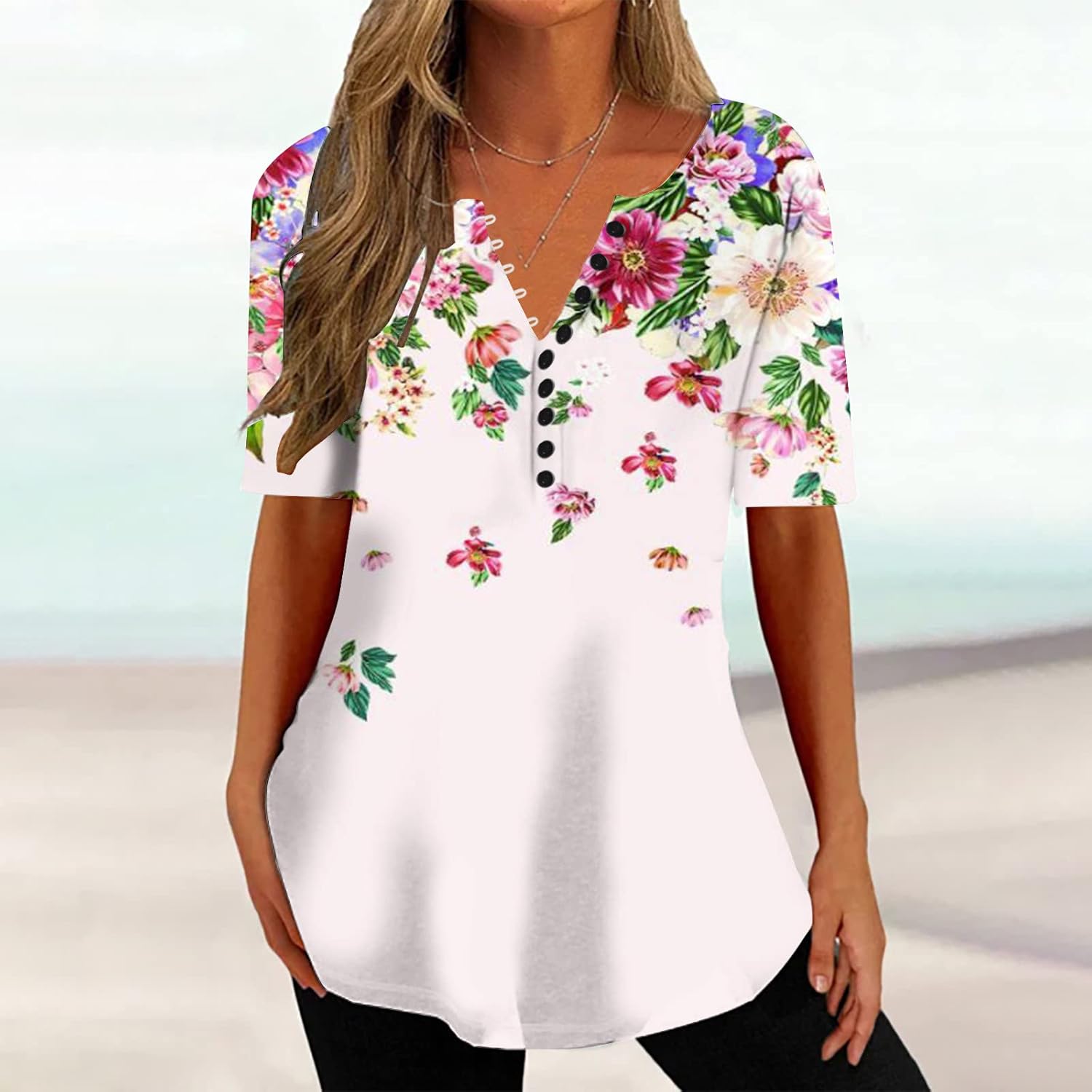 SMIDOW Blusa holgada tipo túnica para mujer para usar con leggings, cuello en V, cuello en V, manga corta, estampado floral occidental